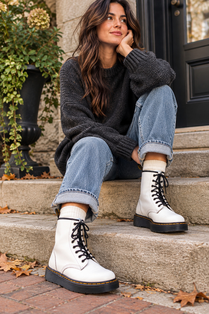 Dr. Martens Zavala White Leather 8 Eye Combat Boots Women’s 7